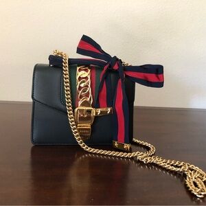 GUCCI Calfskin Mini Sylvie Chain Shoulder Bag Black